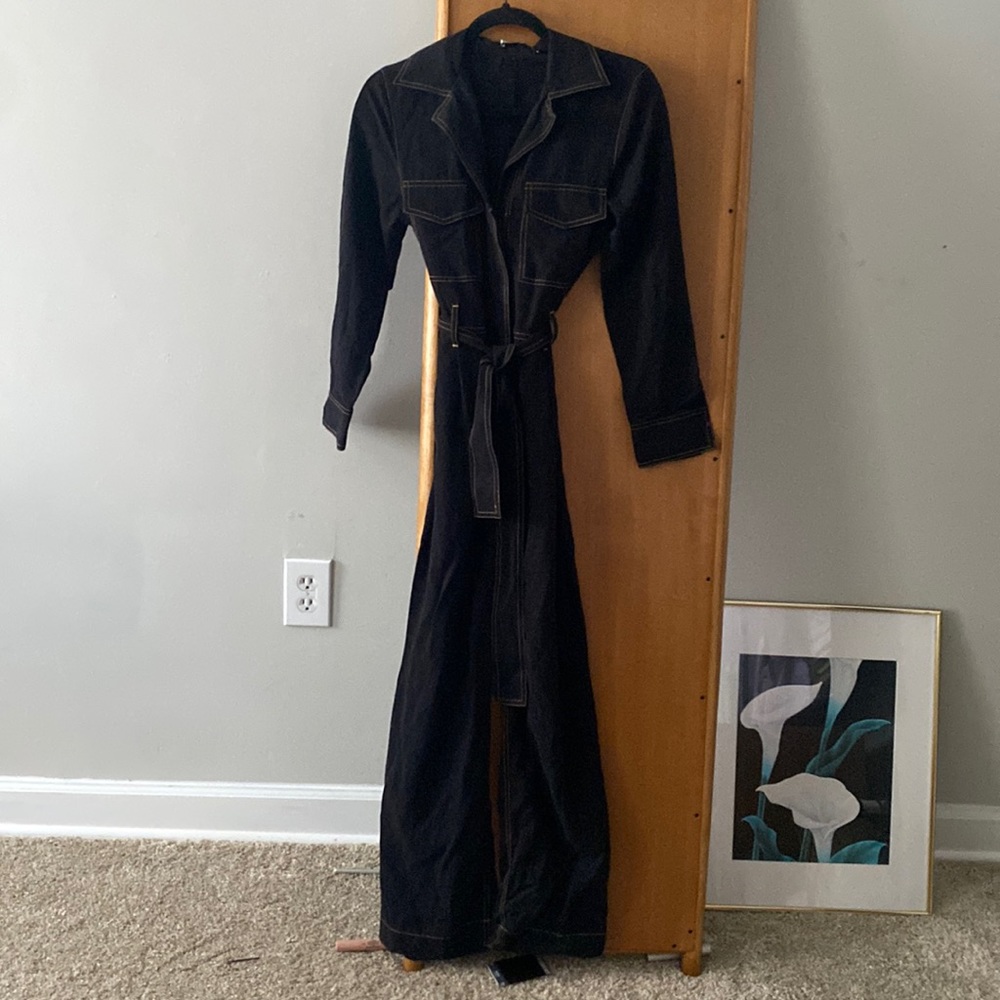 MANGO SUIT BLACK BROWN TRIM LONG SLEEVE JUMPSUIT SASH